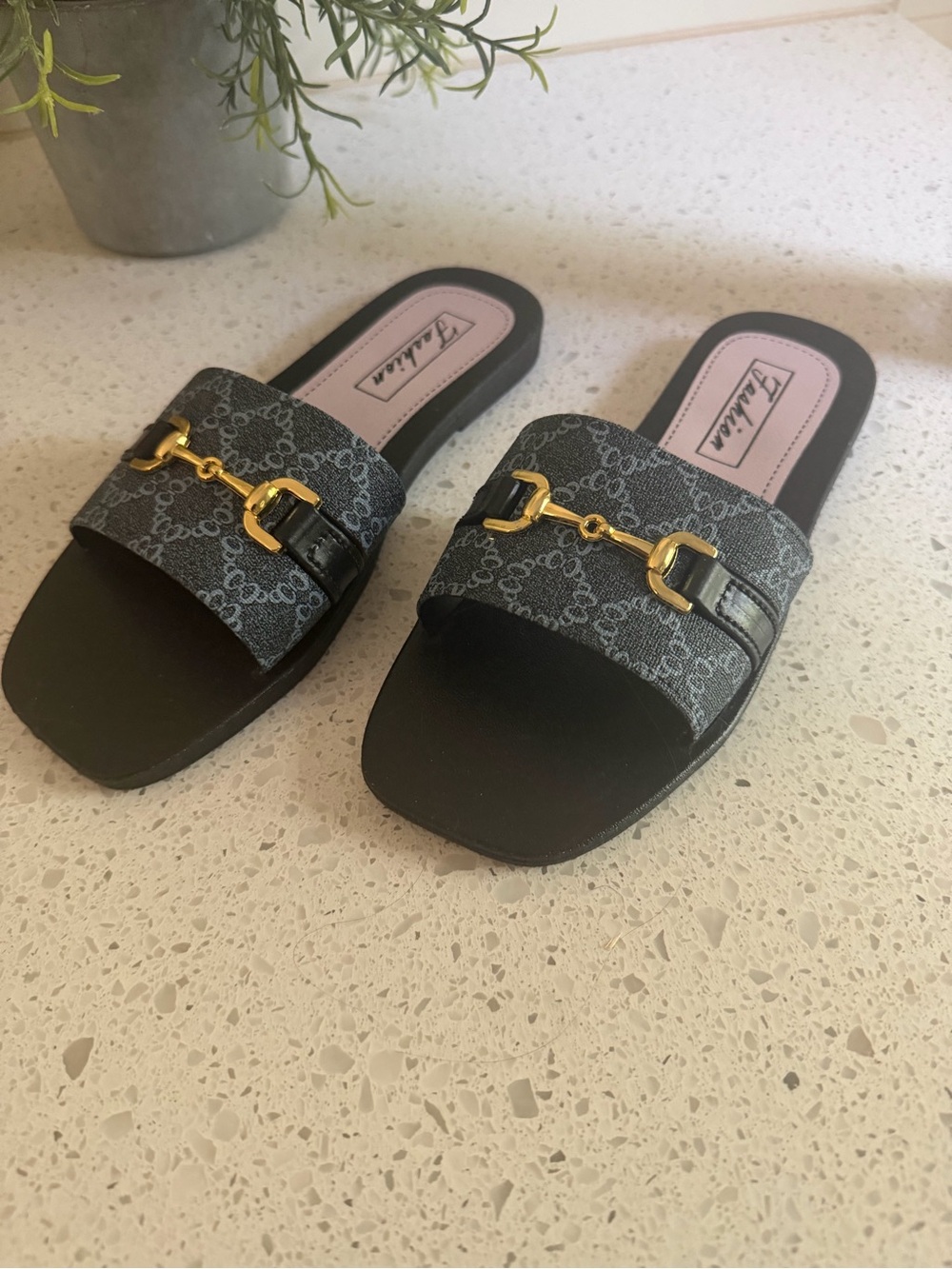 Classic Black Patterned Slide Mules with Gold Hardware